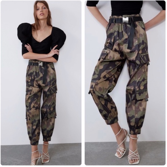 New Zara Belted Camouflage Cargo Nylon Joggers Pants - Picture 3 of 14